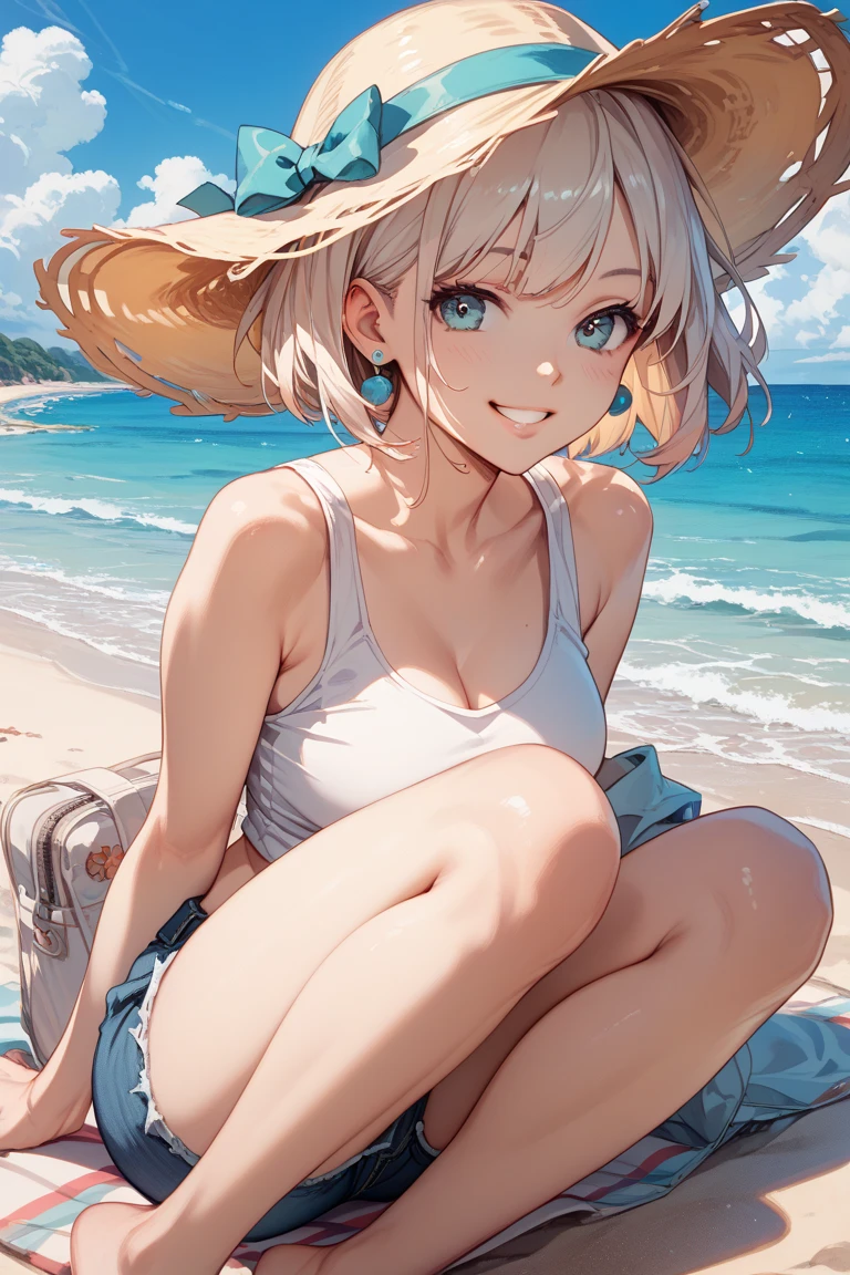 16 yaers old,s girl,The upper part of the body,White and red top,short detailed hair,solo person,White color hair,夏天,beachside,baiyun,Positive side face,surrealism, shadowing, anaglyph, stereograms, tachi-e, angle of view, Atmospheric perspective, 8K, Super detail, ccurate, Best quality --auto