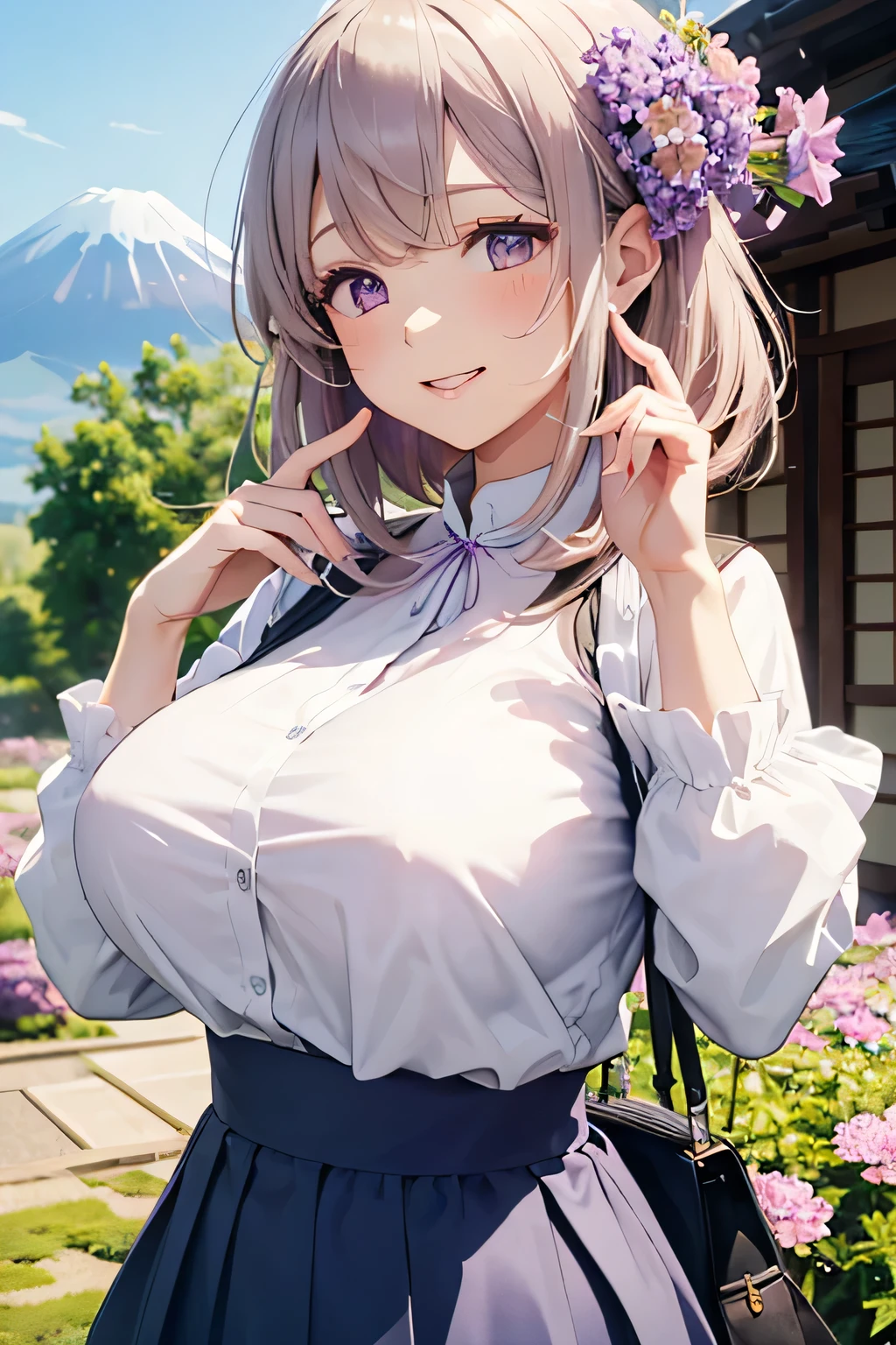top quality、high resolution、(high image quality:1.4)、masterpiece、detailed background、(highly detailed face:1.2)、(detailed eyes:1.3)、 beautiful woman in her 20s 、(huge breasts:1.3)、(Normal number of fingers:1.3)、anatomically correct、perfect body line、Bright-colored hair、Braided bob cut、under the clear blue spring sky、carpet of moss phlox that spreads all over、Do cute things、fun atmosphere、big smiles、
(Two women reflecting Mt. Fuji and moss phlox in the background:1.5)、
small pink, white, and purple flowers々Swaying in the wind、carrying a gentle scent、majestic Mt. Fuji with snow still standing in the distance、
The contrast between white and blue further enhances the vividness of moss phlox、Spring breeze blowing through the flower々Let your hair flutter softly with、
x} pale Pink blouse or white blouse made of chiffon material、flare skirt、simple beige pumps、that gently flutters the hair with an overall light, spring-like color、very beautiful