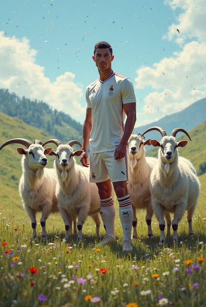 Cristiano ronaldo wearing broken real madrid clothes holding a football in a geaden bext to the goats