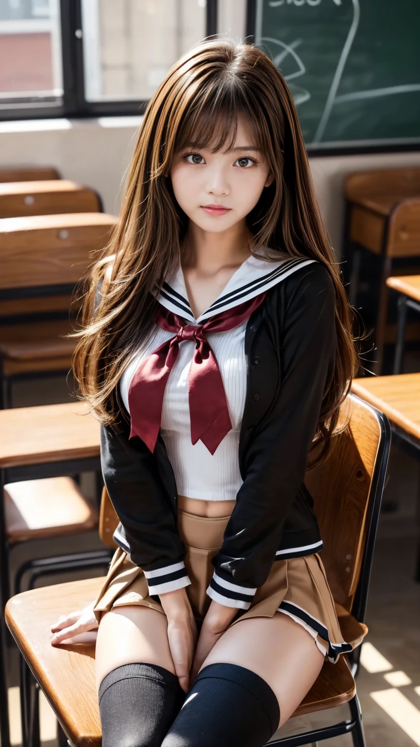 Japanese、18-year-old high school girl、Black Sailor Suit、mini skirt、whole body、Thick thighs、Sitting on a chair