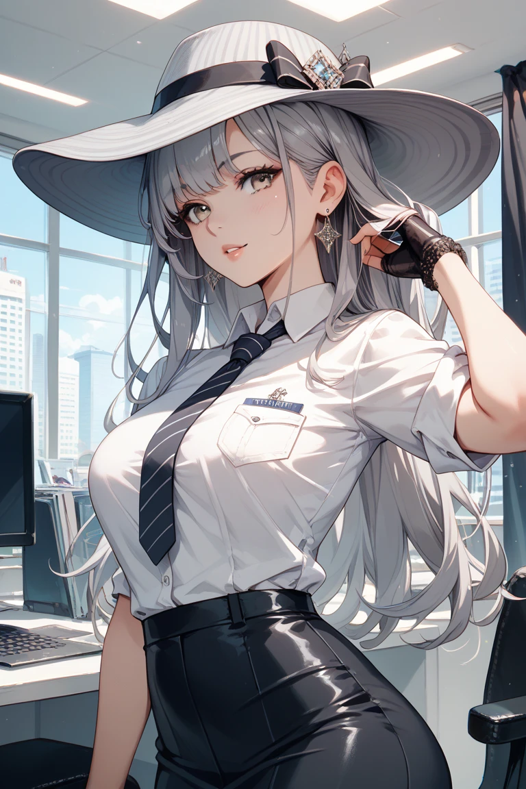 mature_female,silver hair,lipstick,eyeshadow,long_eyelashes,thick eyebrows,ahegao,jitome,heart-shaped_pupils,black_pantyhose,fingerless_gloves,police_uniform,long hair,