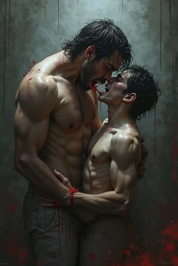 ((Best quality)), ((masterpiece)), (detailed), The wet body of a gay man touches the body of a guy in full growth, realistic art, LGBT lovers, wounds, blood