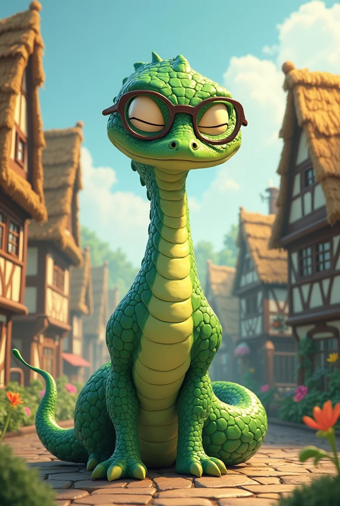 Gorynych the snake from the cartoon is a hero and they should be in the village,closed glasses