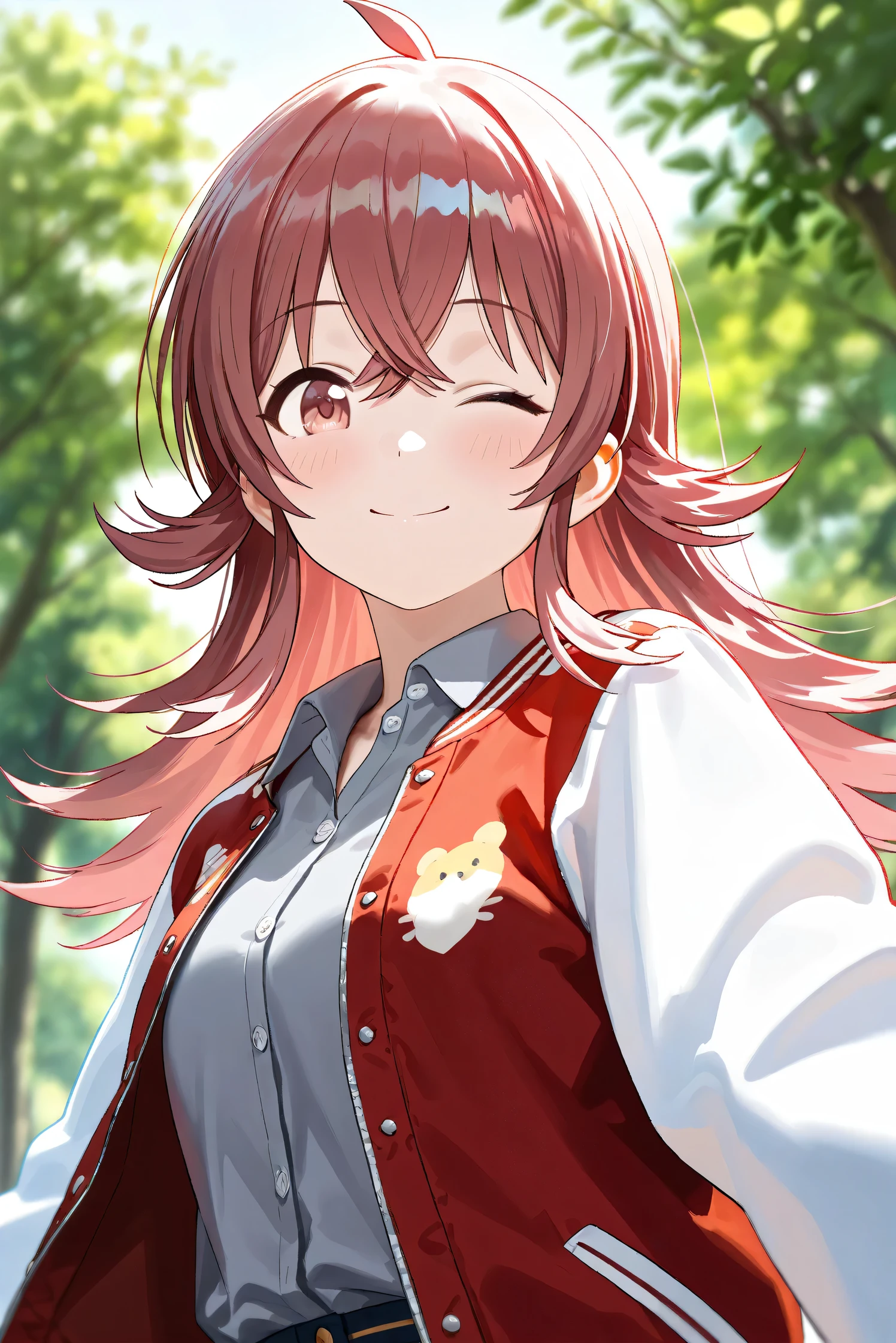 (Masterpiece), (Highest quality), (Very detailed),
(The best shape), (Best Shadow), (Absurd),
(Detailed background), (So beautiful), Shiny ,
Beautiful eyes in every detail, Extraordinary, Countershading, 8k, 32K, High resolution,
Very Detailed CG,
Score_9, Score_8_up, Score_7_up, Source_anime,
(Pastel painting:1.2), (Watercolor painting:1.2),
(Masterpiece, Detailed:1.2), (Foreshortening:1.2),
Cinematic, Dramatic, (Depth of field:1.4),
(Blurry background:1.4), (Realistic background:1.4),
(Foreshortening:1.3),Dynamic angle, From below,
1 girl,
Outdoor, Nature, Park, Wind,
Komiya Kaho, komiya kaho,
the idolmaster shiny colors,
long hair, red hair, red eyes, hair between eyes, ahoge, (medium breasts:0.7),
(Casual wear:1.3),
(Collared shirt:1.1), (Gray shirt:1.3), (Plain shirt:1.3),
Souvenir Jacket, Open jacket, Red jacket, Long sleeves, White sleeves, Plain jacket,
(Portrait:1.2), Upper body,Focus on face,
(Close up shot:1.2),
(Blush:1.3), Smile, Happy,
Look back, Look at viewer,
One eye closed,
Realistic skin, Shiny skin,