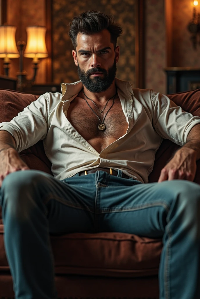 (photorealism:1.2), handsome bearded man, sitting on bed, wearing leather shirt, leather chaps, short spiky hair, indoors, soft lighting, window with sunlight, cozy room, relaxed pose, realistic, intricate details, sensual colors, by Greg Rutkowski, by Alphonse Mucha