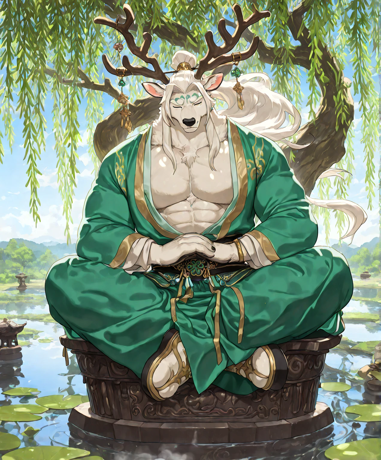 ultra-detailed, masterpiece, masterwork, high quality, best quality, hdr, (nature, japanese style), nsfw, male, solo, chibi, dragon, ((bare kimono, bulge loincloth, white loincloth)), (little red body minotaur), (white chubby body), (long golden hair, yellow eyes, cool eyes), standing, cross your arms, dynamic angle, earrings, sweat