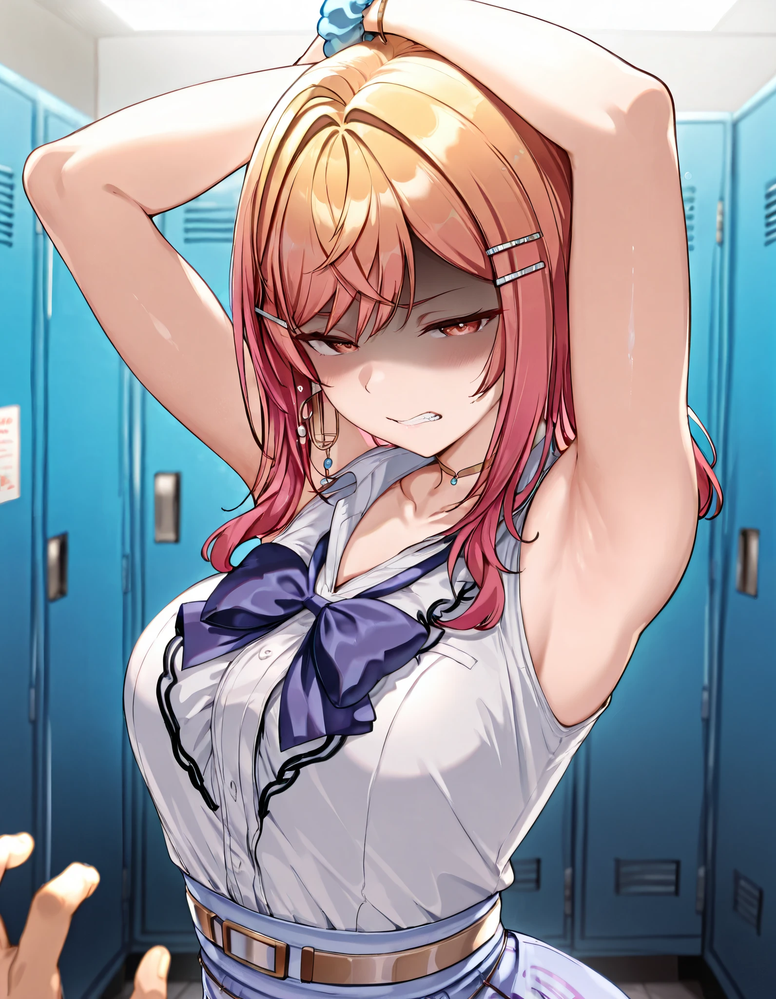 ,ichijou_ririka , petite, IchijouRirika, long hair, hairclip, hololive_dev_is, hololive, ichijou_ririka, 1girl, jewelry, ,gyaru, collarbone, bow, loose bowtie, white shirt, collared shirt, long sleeves, bracelet, wrist scrunchie,blue skirt, pleated skirt,
,BREAK, armpit, arm over head, left arm over head. focus on armpit,
grossed out、yuck、 gross, shaded face, ,blush, (narrowed eyes:1.2),\(troubled eyeblows:1.5\), disdaining , (dissapointed:1.1),(clenched teeth), look down at viewer, masterpiece,absurderes, beautiful detailed face,
BREAK, masterpiece,absurderes, beautiful detailed face,(masutepiece:1.2), Best Quality, High resolution, Unity 8k wallpaper, (Illustration:0.8), (Beautiful detailed eyes:1.6), extra detailed face, Perfect Lighting, extremely details CG, (Perfect hands, Perfect Anatomy)
,BREAK,Alp,
,looking at viewer, glare at viewer,
from side,show armpit from short sleeves,
((masutepiece,hight resolution)), masutepiece, Best Quality, , absurderes, Perfect Skin, Detailed skin texture, ultra-detailliert, 8K, Intricate details, beautifull detailed face,hight resolution, 1girl ,from front,
indoors,locker room