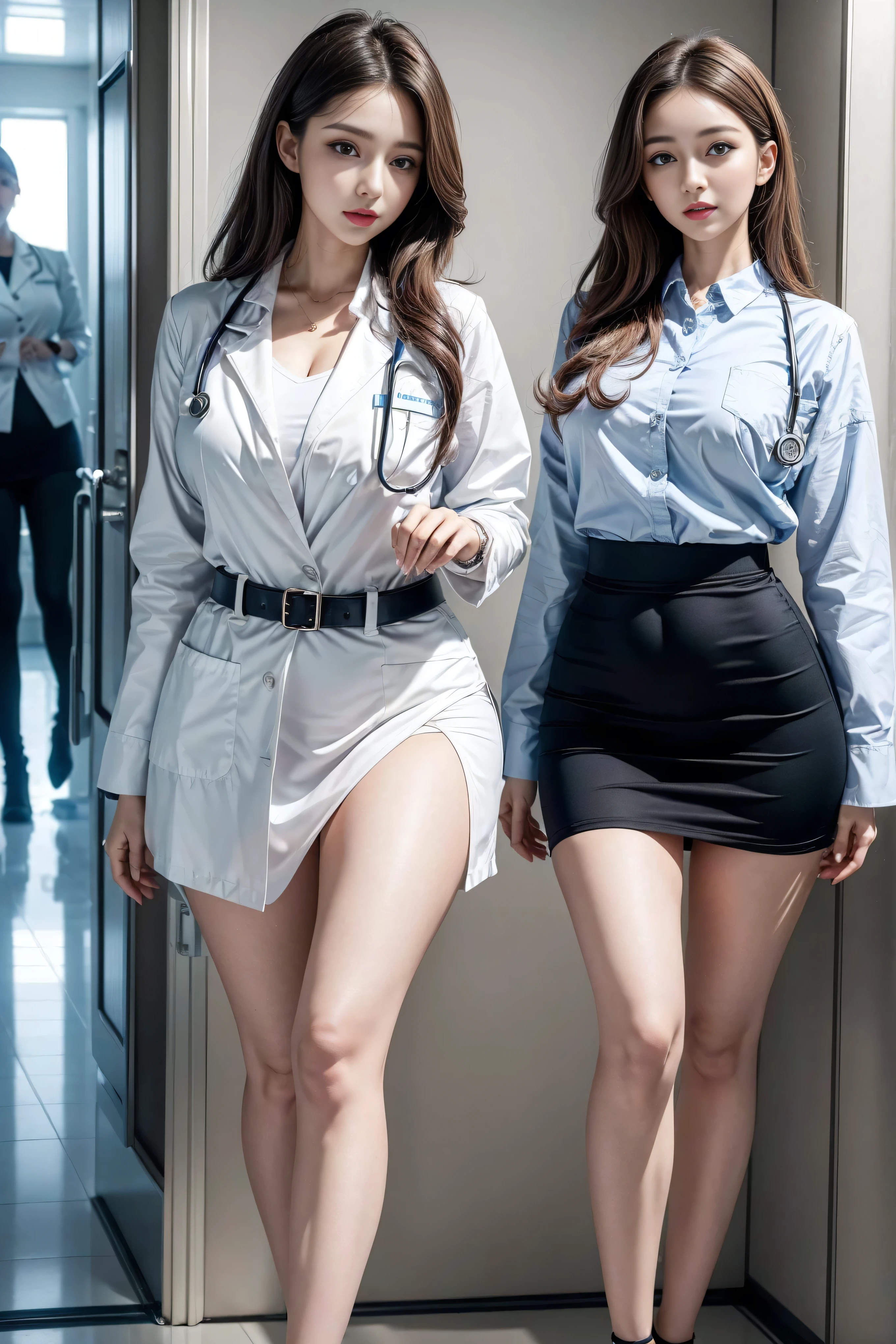 Realistic beautiful doctor、Stunningly beautiful、doctor white coat, Collared shirt、(Top quality、8K、32K、masterpiece、North African Trade Zone:1.3)、Ultra-high resolution,(Reality:1.4),Original Photography, Detailed face,,Beautiful hair, ((Doctor style)),,((Leg length)), （thigh gap：1.5）， , black bodycon skirt、 Natural Makeup,, Big plump breasts、inside the hospital, Detailed background, Perfect lighting, Depth of Field, beautiful shadow gradient,stethoscope ,