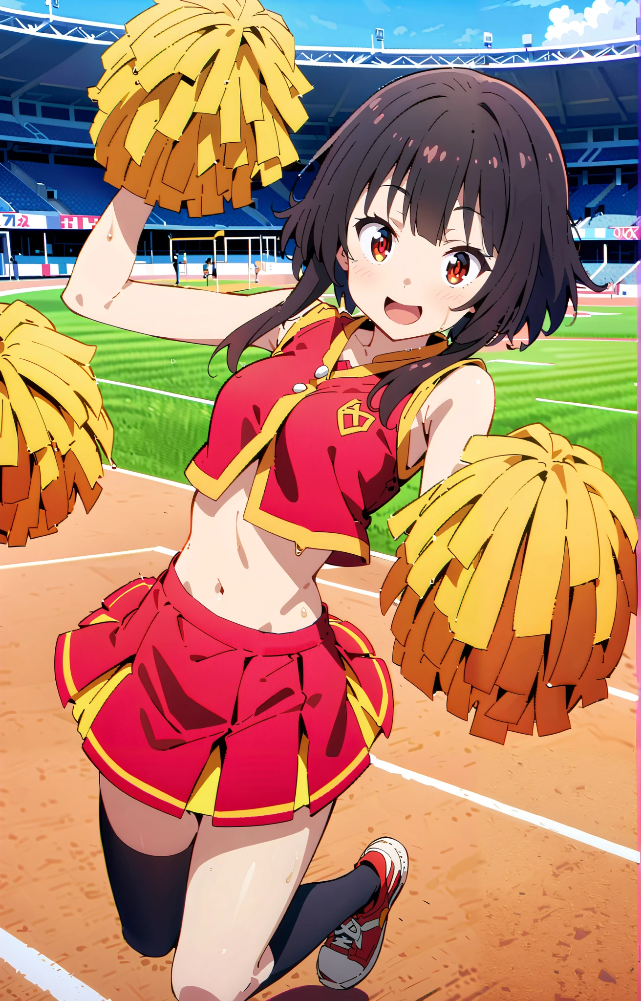 score_9, score_8_up, score_7_up, source_anime,
konosubaMegumin, Megumin, short hair, black hair, Red Eyes, short hair with long locks,smile,cover,opens her mouth,Black Thigh High Socks, (Cheerleading), (full body), on chest, (sweated), sweated Wet Clothes, (Red clothing),sleeveless, pleated skirt,sneakers, stomach button support , playground, (jump), (jump), 両足を曲げてjumpする, , blue sky, Compa, smile,cheerleader, Pom-pom \(Cheerleading\) real hair ornaments,noon,full bodyがillustrationに入るように,break outdoors, Stadium,
break looking at viewer,full body,
break (masterpiece:1.2), top quality, high resolution, Unity 8k Wallpaper, (illustration:0.8), (beautiful detailed eyes:1.6), highly detailed face, so that it fits into the illustration, extremely detailed CG,full body写真, (perfect hand, perfect anatomy),