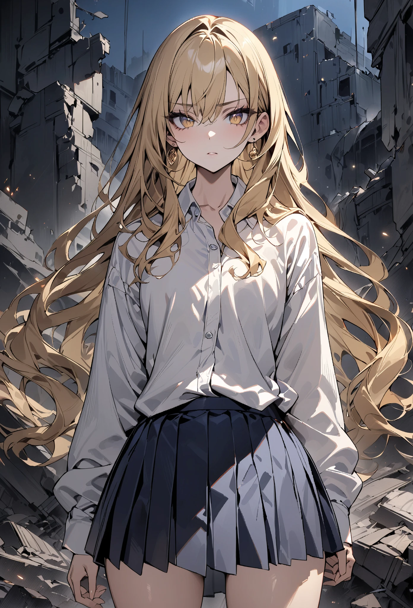 ((greatest masterpiece,super quality:1.2)),(super resolution),(solo),cowboy shot(front),night,a slender, slender high school student standing in ruins with thin legs,beautiful face,(blonde long hair),perfect golden eyes,staring at you,serious expression,HIGH QUALITY WHITE BLOUSE,high quality navy blue pleated skirt,high quality white loose socks,loafers,gold earrings