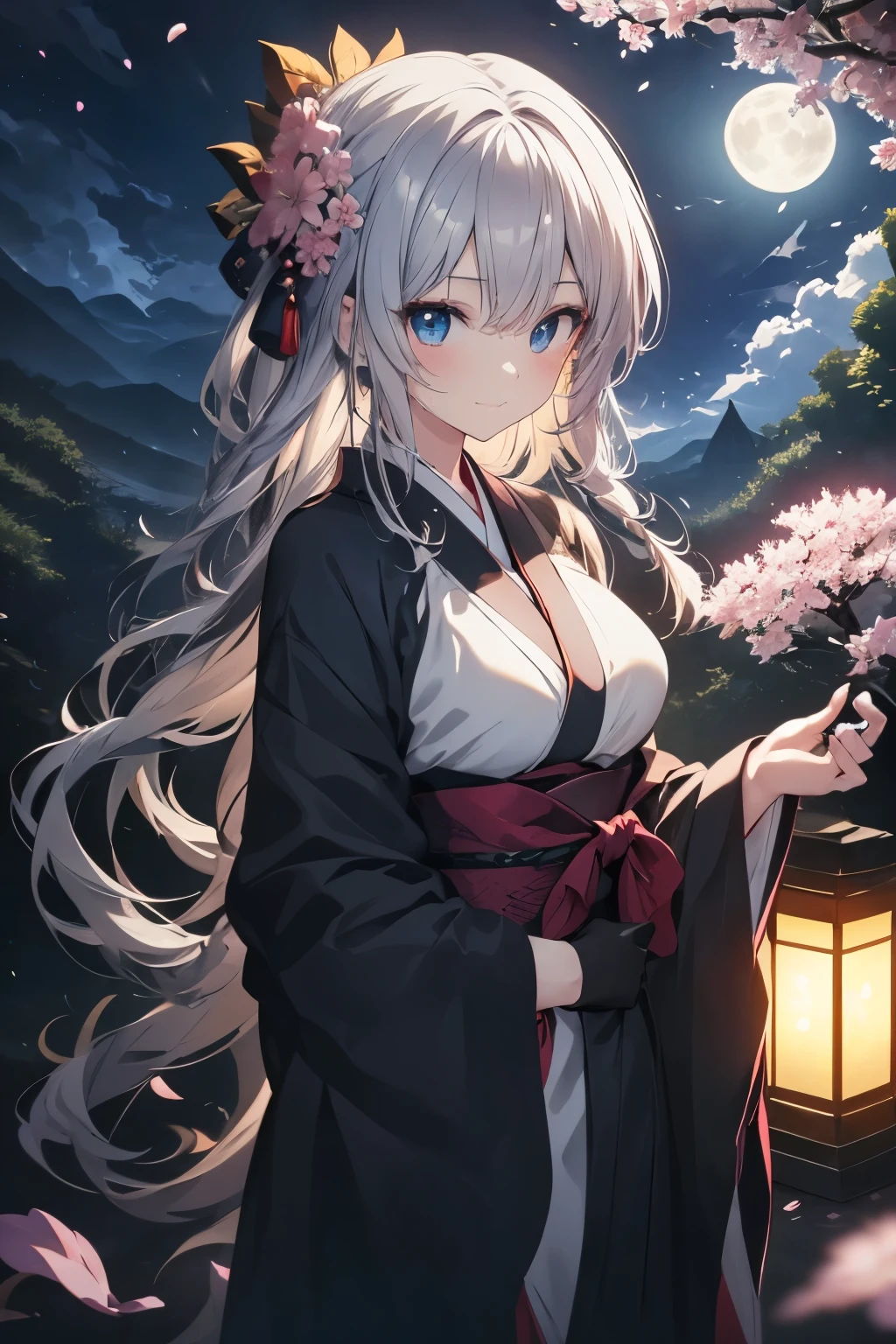 portrait of a beautiful geisha in the wisteria forest, close face, dark night, , (Beautifully Aesthetic:1.2),wisteria, peace, tranquility, serenity, petals, red kimono, white hair