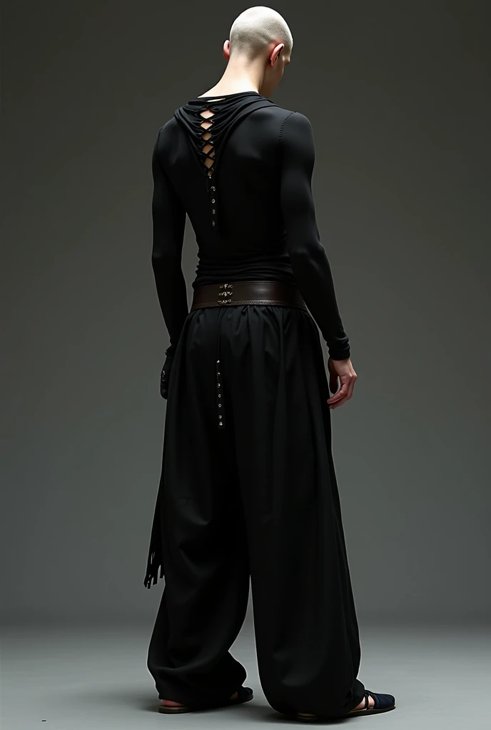 A man with long straight black hair where his hair is covering his right eye and there is vertical scar on his left eye and he is wearing a black blind fold and a pitch black bandana. The clothes he is wearing is black vest on which he is wearing a no sleeve black loose t-shirt and and black trousers and black sports shoes which all black and a long black coat.
