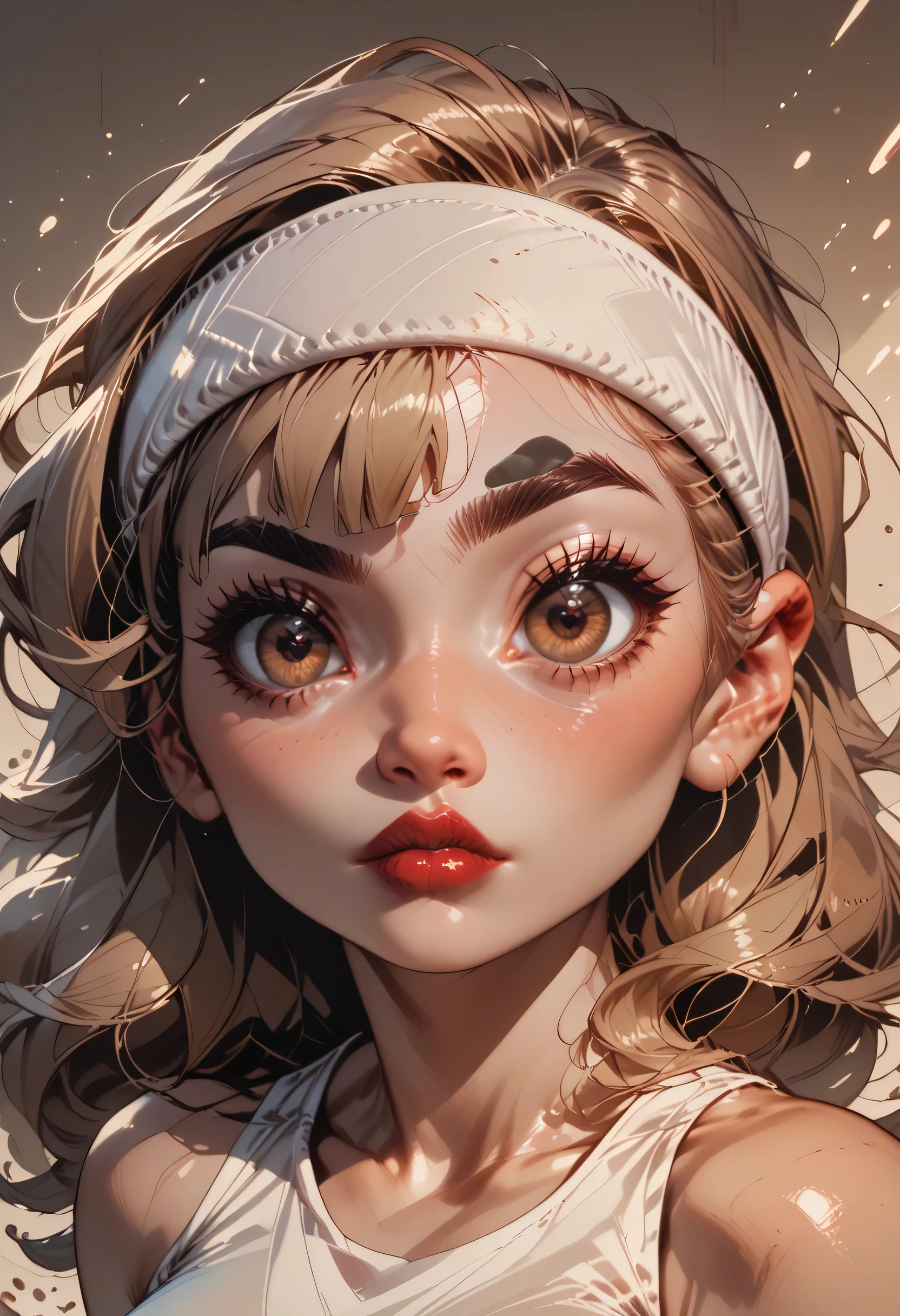 perfect face, straight hair, lightest brown hair, (((white headband))), black eyebrows, thick eyebrows, black eyeliners, big eyes, (((brown eyes))), bright red lips, thick lips, beautiful woman, white tank top, medium breasts, (looking at viewer)