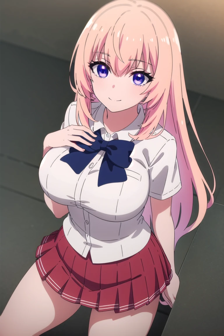 honamiichinose, <lora:honami ichinose s2-lora-nochekaiser:1>,
honami ichinose, long hair, blonde hair, (purple eyes:1.1), hair between eyes, smile,
BREAK skirt, bow, school uniform, pleated skirt, bowtie, blue bow, red skirt, collared shirt, white shirt, short sleeves,
BREAK indoors, classroom,
BREAK looking at viewer, (cowboy shot:1.5),
BREAK <lyco:GoodHands-beta2:1>, (masterpiece:1.2), best quality, high resolution, unity 8k wallpaper, (illustration:0.8), (beautiful detailed eyes:1.6), extremely detailed face, perfect lighting, extremely detailed CG, (perfect hands, perfect anatomy),