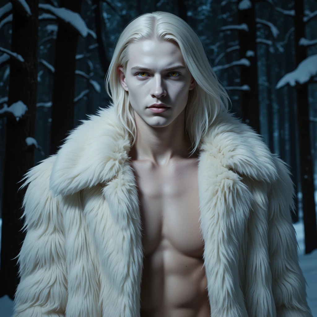 A muscular 18-year-old boy with white skin, shoulder-length white hair, glowing red eyes, wearing a white werewolf suit with steel accents, nordic tattoos on his body, sitting on a log next to his white snow wolf in a forest lit by a campfire with stones
