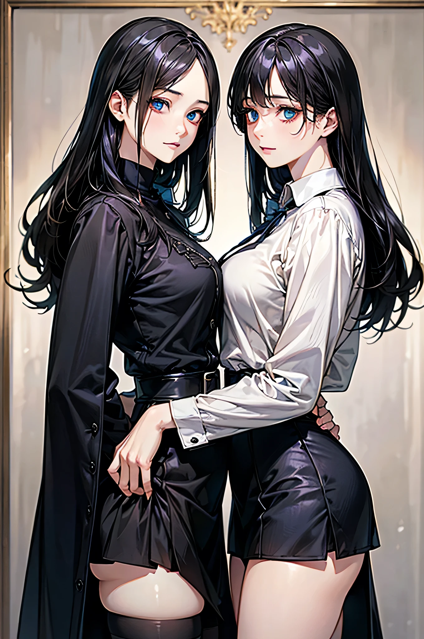 best quality, (masterpiece),(ultra-detailed), (high quality), (high resolution), ((2heads:1.5)), best quality:1.5, highres, UHD, 16K), two headed woman, smiling, highres, masterpiece, ((black hair)), emerald jewelry, violet turtleneck shirt, track pants, long dark gloves, seductive silhouette, sharp looking eyes, ((queen))