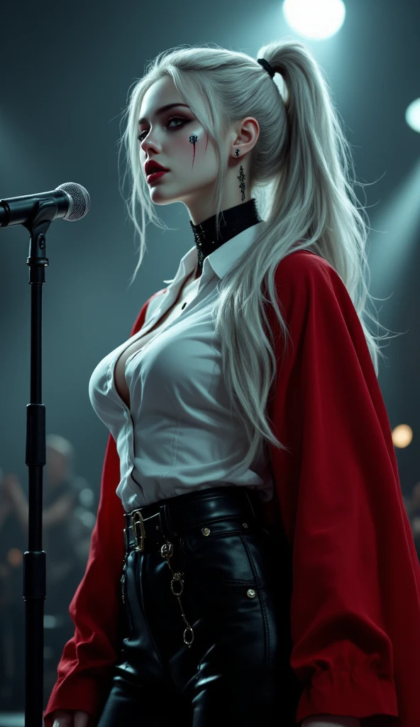 Lucy Pinder, face portrait, portrait, mouth wide open, (Adele), ((VERY INTENSE MAKEUP)), voluptuous, cleavage, lace, ((singing)), (), (sweating), ((Eyes closed) ), ((frown)) white hair, braids in hair, red jacket, red skirt, pantyhose.
