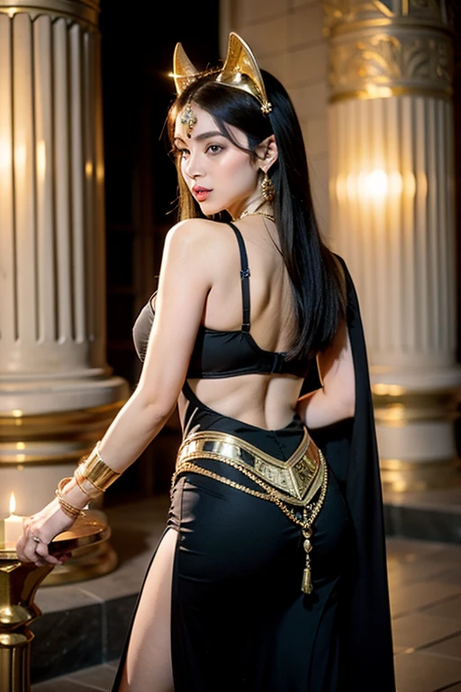 1 girl, solo, details, masterpiece, best quality, photorealistic realism, beautiful girl, long hair, black hair, skull headband, gold earrings, (((red eyes))), beautiful face, skull necklace, perfect body, large breast, open chest, black long dress, skull bracelet, gold earrings, gold belt, (((yellow panty))), musical instrument, (((turn back))), (((show her butt))), (((on ancient bed))), dark sky, dark temple,