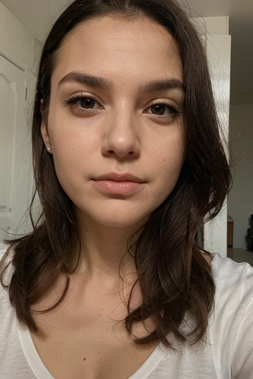 a selfie of a raw photo, raw picture, realism, realistic style, a photo \(medium\) of katiekones \(subject\), \(wardrobe\), in the bedroom \(background\), brunette hair, thin lips, facial skin fuzz, full highres, best quality, full sharp, 4 k photography, real detailed skin texture