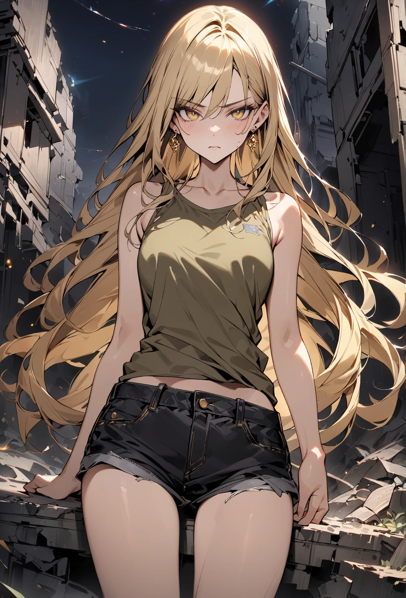 ((greatest masterpiece,super quality:1.2)),(super resolution),(solo),cowboy shot(front),night,a slender, slender high school student standing in ruins with thin legs,beautiful face,(blonde long hair),perfect golden eyes,staring at you,serious expression,high quality khaki military tank top,high quality black denim shorts,Black military boots,gold earrings