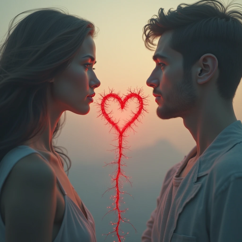 Create an image of a man and a woman fighting. The message is liberate yourself from emotional abuse and break the cycle of violence with chains. free. 
. Their red hearts are broken and both sad. Clear image not dark. Both are breaking free. 