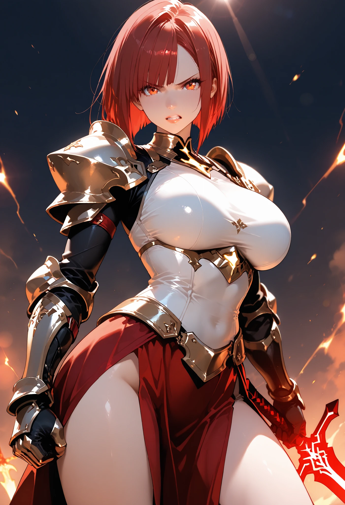 (Highest quality, 8k, 32K, masterpiece, Ultra-high resolution,:1.2),to be born, One Girl,So cute ,Inflammatory background, A fantasy background reminiscent of an electronic world, clear, Shining Eyes, Age 25 ,Fair skin, Red Haired Girl, Long Hair, An innocent smile, Red eyes, Pierced ears sparkle, An elegant necklace adorns her slender neck., Rings and bracelets decorate the fingers. expensive_Big Breasts, Big Breasts, Twin tails, knight,, short hair, Hostile,Has a big flame, anger