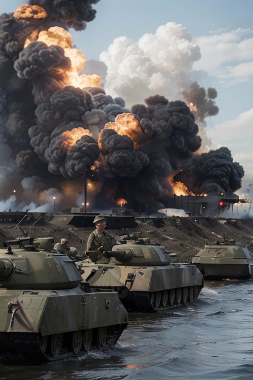 Background , world war 2, there is fire, planes, Soviet tanks, snowy land , foggy, blue, vast,
