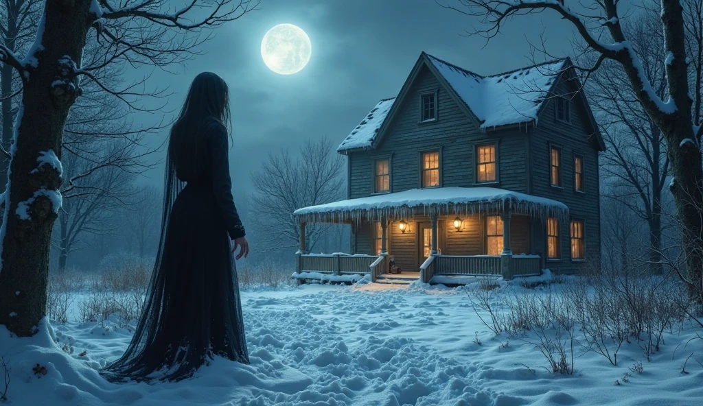 horror house, old woman , washed out color, light terror  .man deep down, horror climate , large moon,  