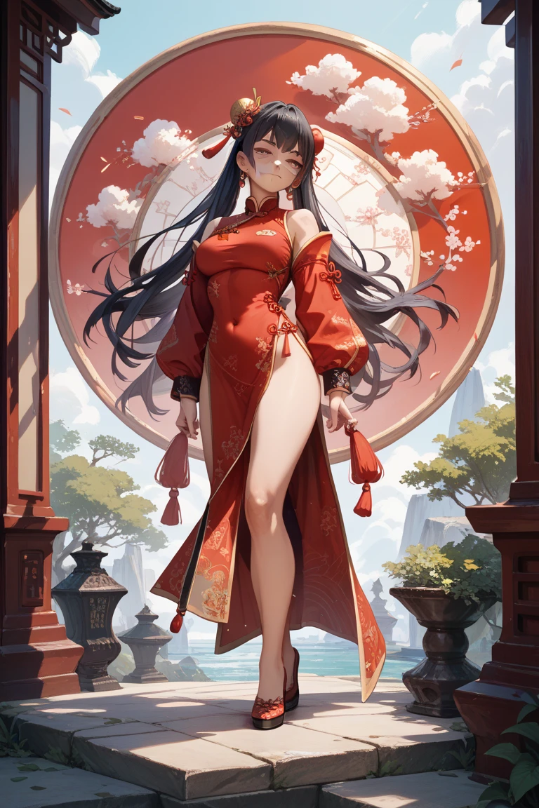 China，Tavern hostess，owner，Red Hanfu，Beautiful hair accessories，Stand up，front，Looking at the audience，Full Body Love，Standing solemnly，Smile，Spring breeze full of petals，Maximum chest，Bare thighs，Fully understand