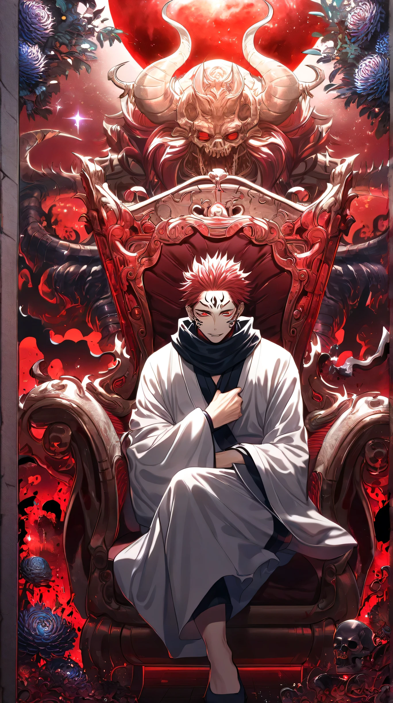 Ultra detailed, HDR, Highres, absurdres, master piece, Ryoumen Sukuna, pink hair, expressive red eyes, black scarf, white kimono, Jujutsu Kaisen, handsome, sexy man, solo, throne made of bones, red blood water, sitting, fantasy, magical, red aura, inner domain, skulls around him, smirking