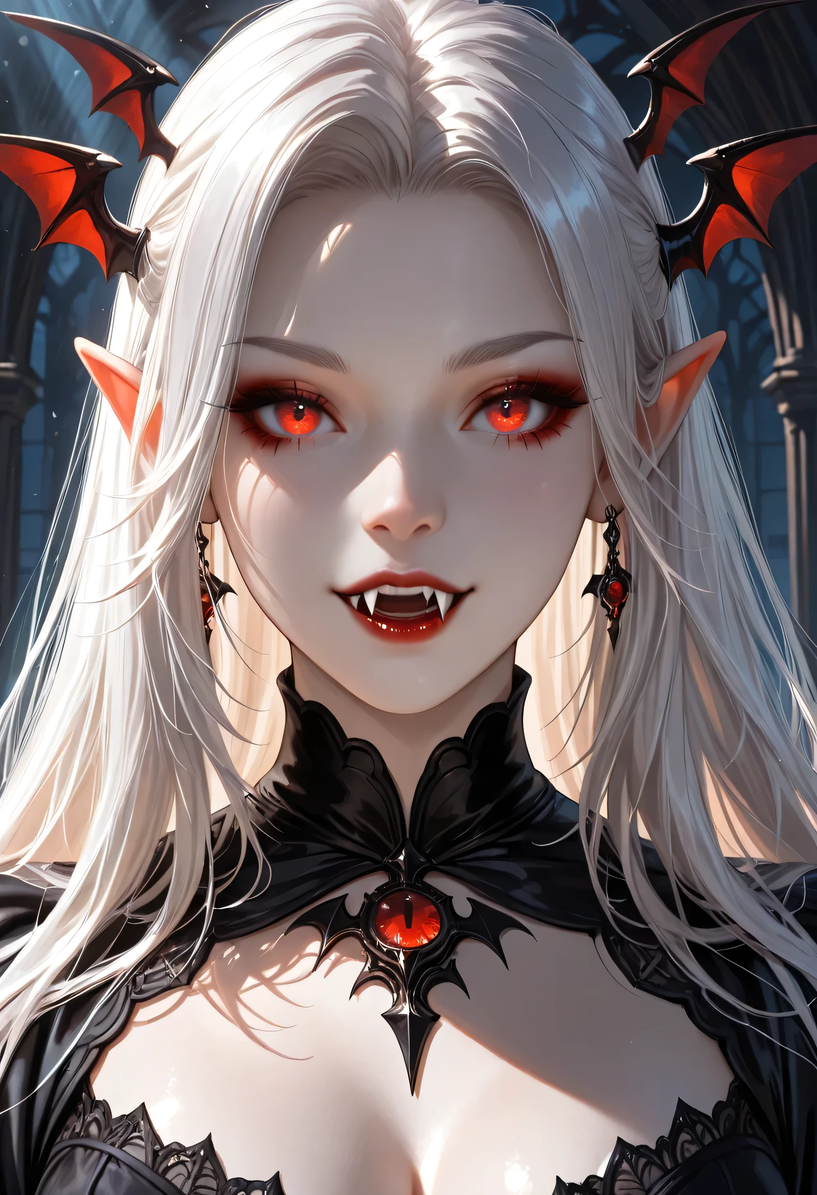 dark fantasy art, a picture of a fantasy, a beautiful female vampire, best detailed face,  pale skin, white hair, glowing eyes, vampire fangs, red eyes, wearing black dress, transparent fabric dress, goth dress, small cleavage, intricate dress, it is night time, the moon is in the sky, a sense of dread, soft light. moon rays. high details, best quality, 16k, [ultra detailed], masterpiece, best quality, (extremely detailed), close up, ultra wide shot, photorealistic, RAW, fantasy art, dnd art, fantasy art, realistic art,((best quality)), ((masterpiece)), (detailed), perfect face, fantasy, vampyfangs1, Vampire Dress