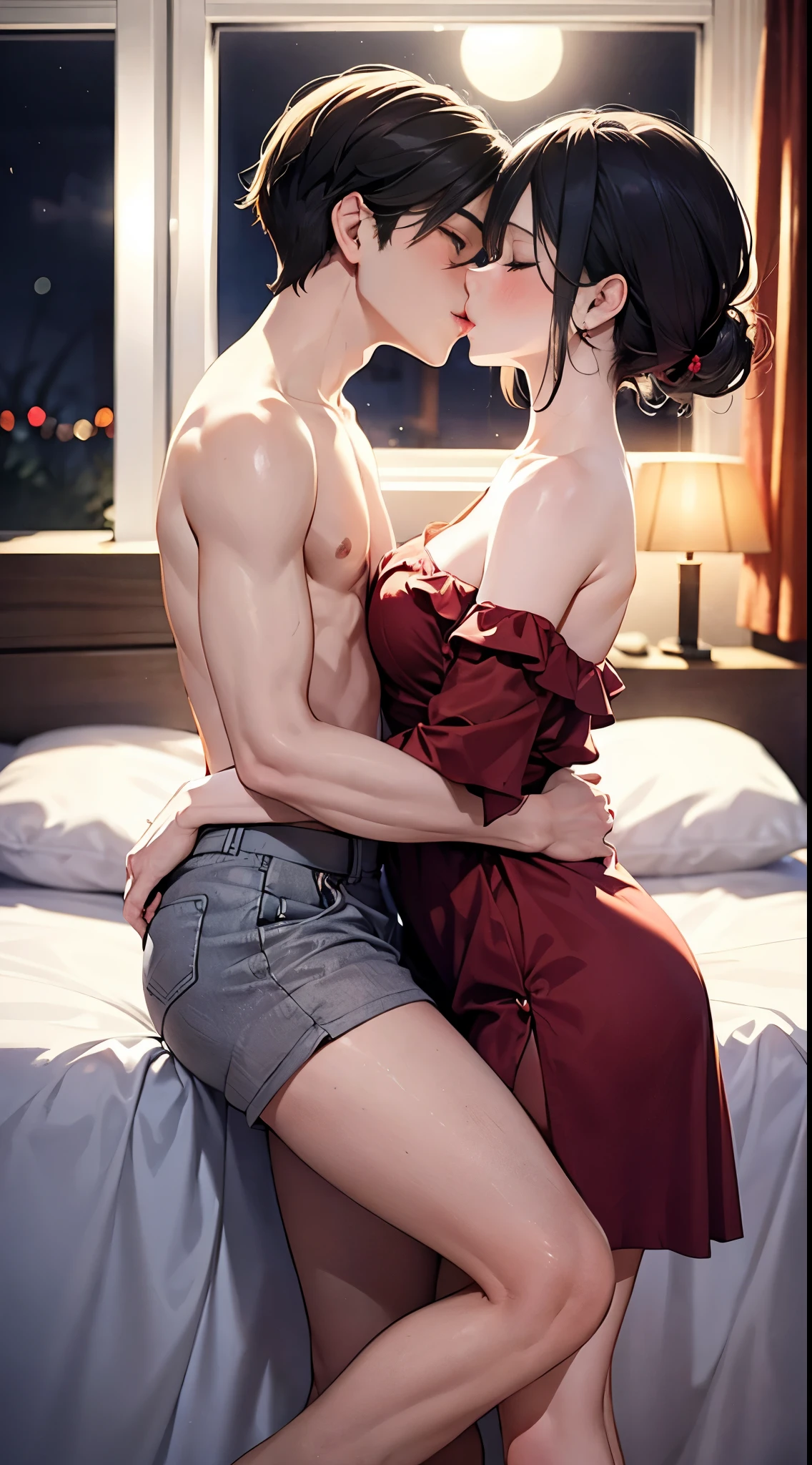 Shirtless boy kissing and making out with a sexy women wearing an off shoulder dress on the bed during night time as the moonlight accentuates their love making