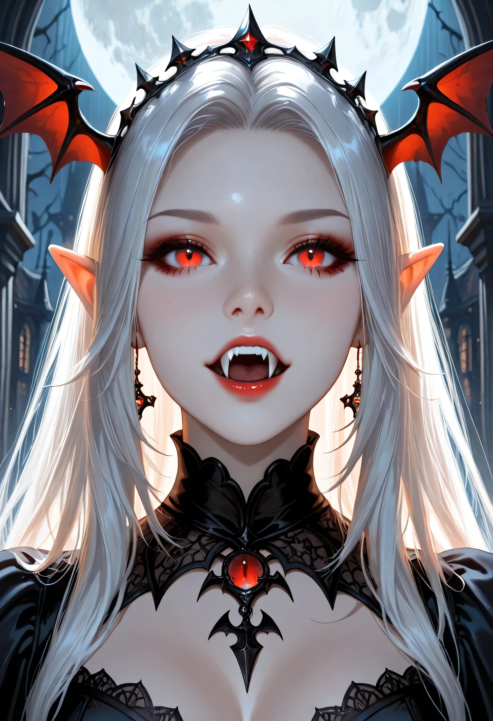 dark fantasy art, a picture of a fantasy, a beautiful female vampire, best detailed face,  pale skin, white hair, glowing eyes, vampire fangs, red eyes, wearing black dress, transparent fabric dress, goth dress, small cleavage, intricate dress, it is night time, the moon is in the sky, a sense of dread, soft light. moon rays. high details, best quality, 16k, [ultra detailed], masterpiece, best quality, (extremely detailed), close up, ultra wide shot, photorealistic, RAW, fantasy art, dnd art, fantasy art, realistic art,((best quality)), ((masterpiece)), (detailed), perfect face, fantasy, vampyfangs1, Vampire Dress