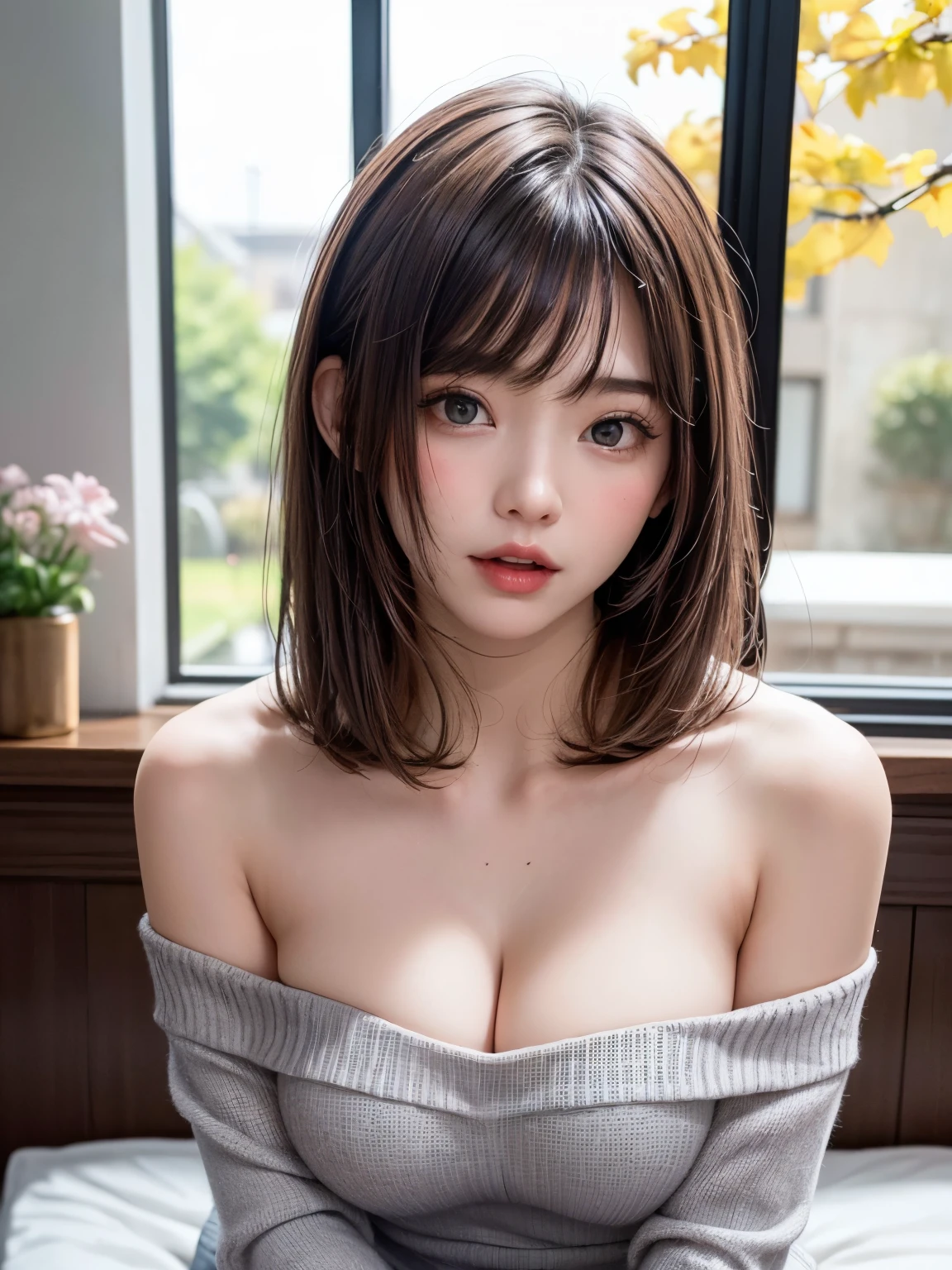 ((A large, open, off-the-shoulder sweater with no back:1.3)、1 girl、Medium breast、Bob Hair、Brown Hair、Inviting face、Beautiful well-formed face、Anatomically correct limbs、Anatomically correct fingerasterpiece:1.4、Raw photo、Highest quality:1.2、kitchen、((Back view、turn around、Seen from behind))