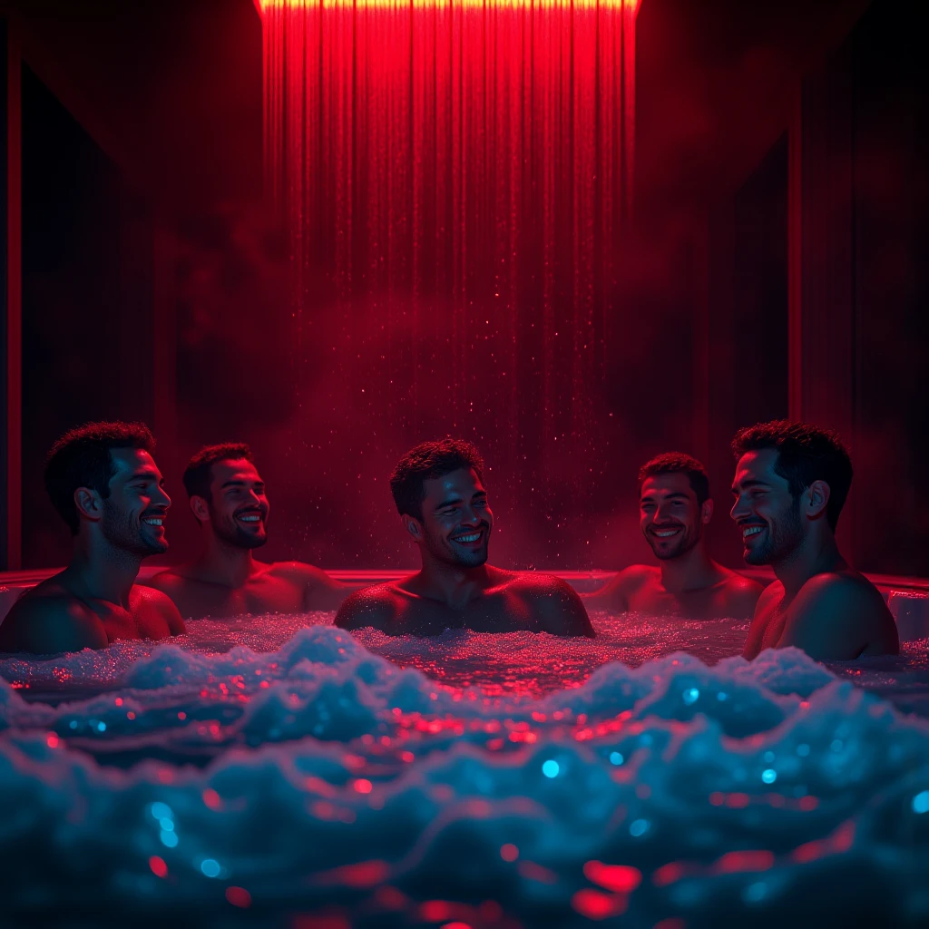 Seven muscular men wearing only jockstraps are completely submerged in living purple goo consuming their entire bodies as they swim in the goo