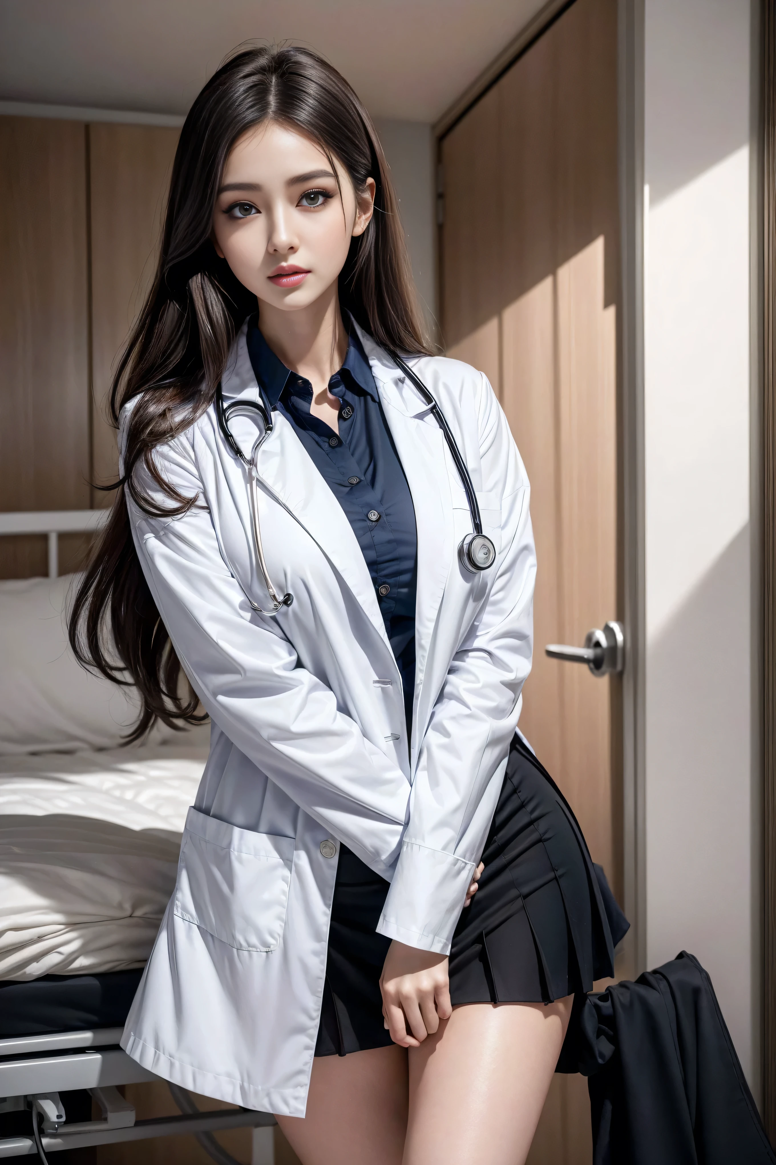 Realistic beautiful doctor、Stunning beauty、Doctor's white coat, Collared shirt、(Top quality、8K、32K、masterpiece、nffsw:1.3)、Ultra-high resolution,(Photorealistic:1.4),Original Photography, Delicate face,,Beautiful hair, ((Doctor style)), , Black tight skirt、 Natural Makeup,, Full breasts、Inside the hospital, Detailed background, Perfect lighting, Depth of Field, Beautiful shadow gradient,Stethoscope ,
