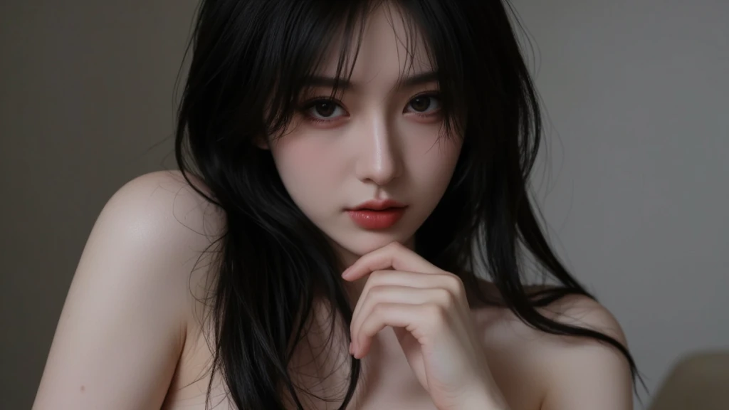 Beautiful sexy woman posing in bed、huge-breasted、Rubbing your chest with your hands、extra detailed face、Detailed and big eyes、Detailed nose、finely detailed skin、Detailed and thick lips、Double eyelids、((bra no))