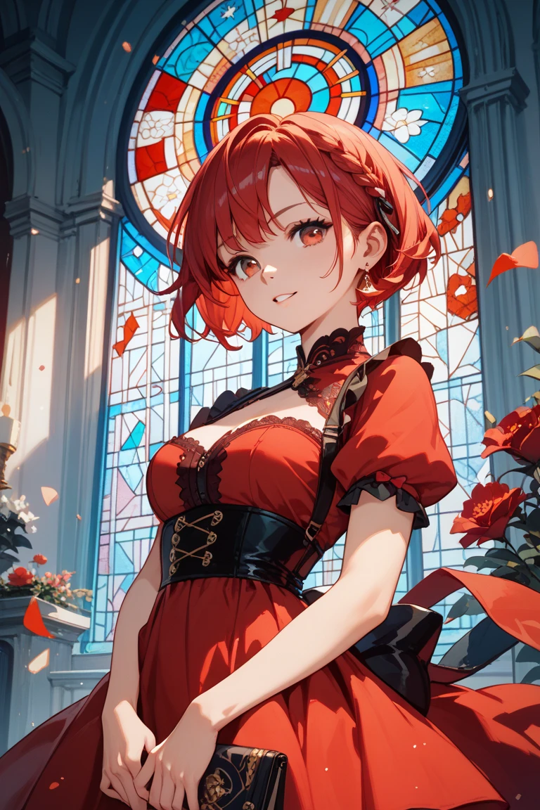 (masterpiece, highest quality, highest quality, (No text), Beautiful and aesthetic:1.2),No text,アニメ、BREAK,One Girl，Black Hair Girl　short hair　older sister　choker　Beautiful eyes　Red eyes　cool　smile　Black and Red　dress　stockings　foot　whole body　In town