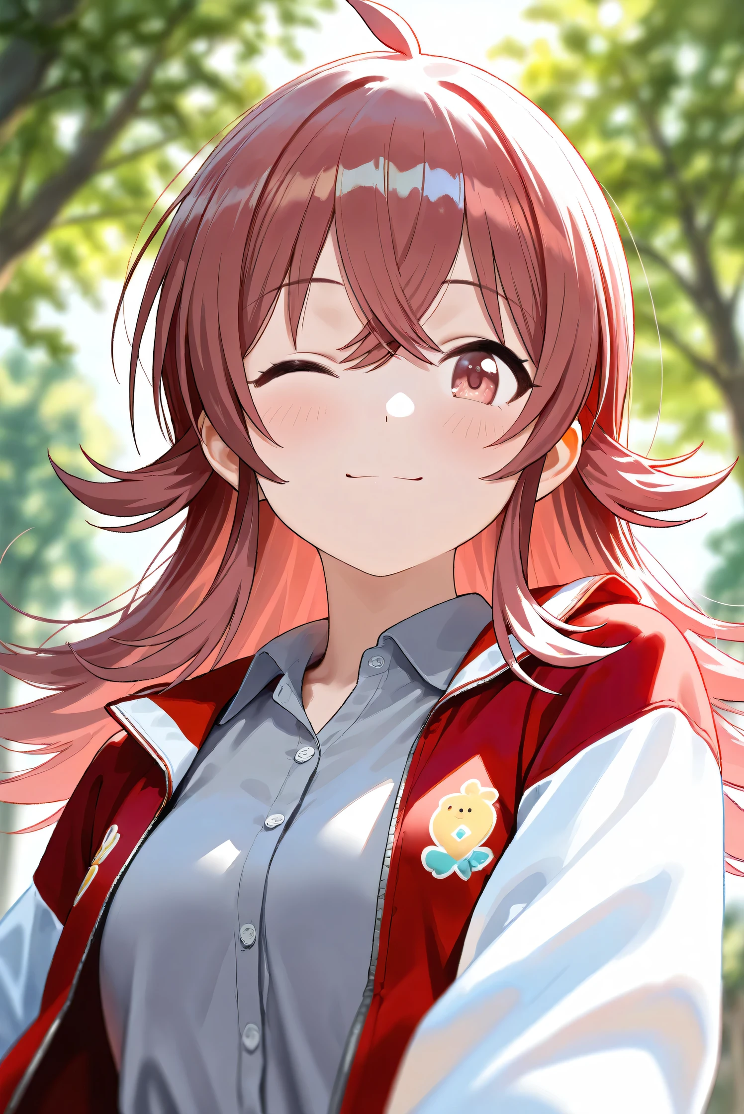 (Masterpiece), (Highest quality), (Very detailed),
(The best shape), (Best Shadow), (Absurd),
(Detailed background), (So beautiful), Shiny ,
Beautiful eyes in every detail, Extraordinary, Countershading, 8k, 32K, High resolution,
Very Detailed CG,
Score_9, Score_8_up, Score_7_up, Source_anime,
(Pastel painting:1.2), (Watercolor painting:1.2),
(Masterpiece, Detailed:1.2), (Foreshortening:1.2),
Cinematic, Dramatic, (Depth of field:1.4),
(Blurry background:1.4), (Realistic background:1.4),
(Foreshortening:1.3),Dynamic angle, From below,
1 girl,
Outdoor, Nature, Park, Wind,
Komiya Kaho, komiya kaho,
the idolmaster shiny colors,
long hair, red hair, red eyes, hair between eyes, ahoge, (medium breasts:0.7),
(Casual wear:1.3),
(Collared shirt:1.1), (Gray shirt:1.2), (Plain shirt:1.3),
Souvenir Jacket, Open jacket, Red jacket, Long sleeves, White sleeves, Plain jacket,
(Portrait:1.2), Upper body,Focus on face,
(Close up shot:1.4),
(Blush:1.3), Smile, Happy,
Look back, Look at viewer,
One eye closed,
Realistic skin, Shiny skin,