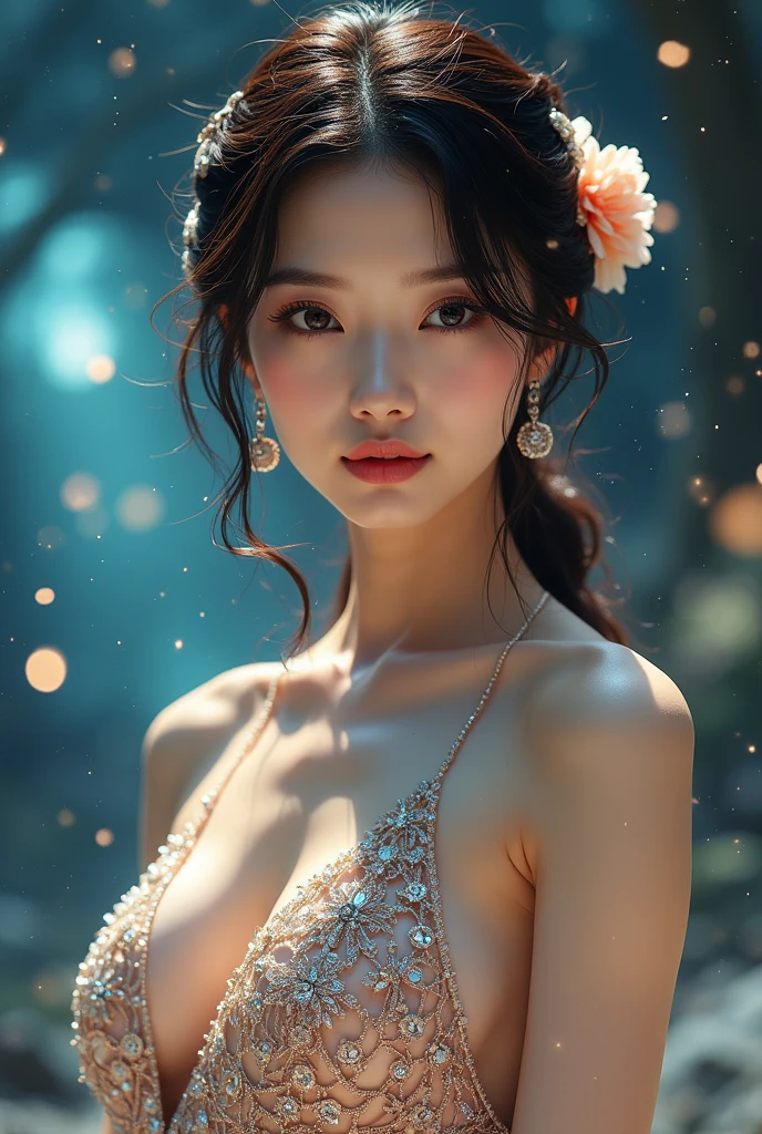 A radiant woman with a charming smile and sparkling eyes is posing as a mermaid. She's wearing a shimmering mermaid tail and bikini top, surrounded by a beautiful underwater setting. It's a daytime scene with a mystical, enchanting mood. The lighting is soft and magical, creating a dreamy atmosphere. (solo), (close up shot: 1.5), (perfect ???????: 1.3), (daytime: 1.3), (mystical enchanting mood: 1.5), (soft magical lighting: 1.4), (fantasy style: 1.3), (vivid colors: 1.2), (cinematic composition: 1.3), (professional photography: 1.4), (high detail: 1.5).