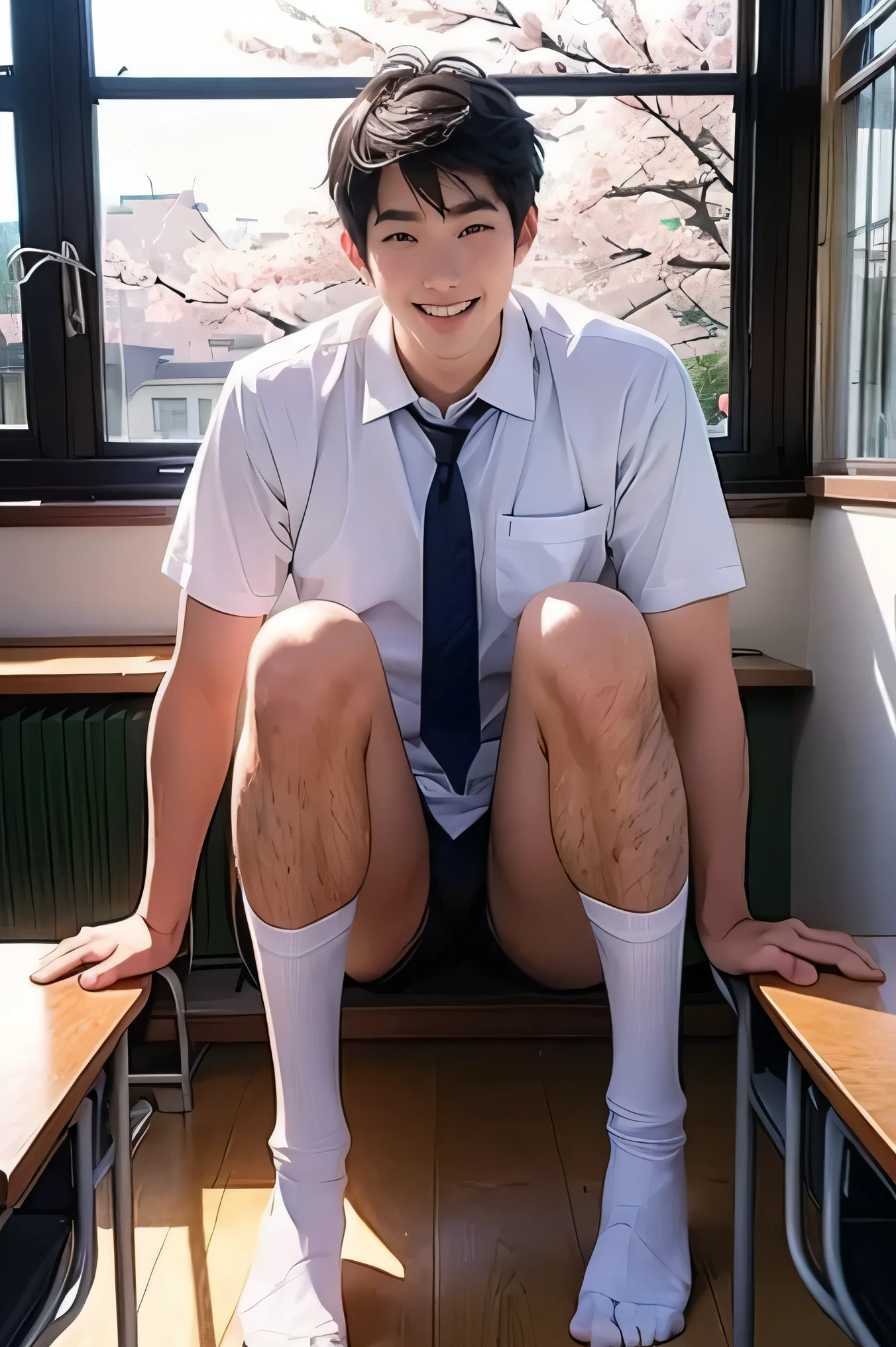 Japanese man handsome smile In the classroom school uniform Black school run Cherry blossoms bloom outside the window lower body is Megamokkori white brief