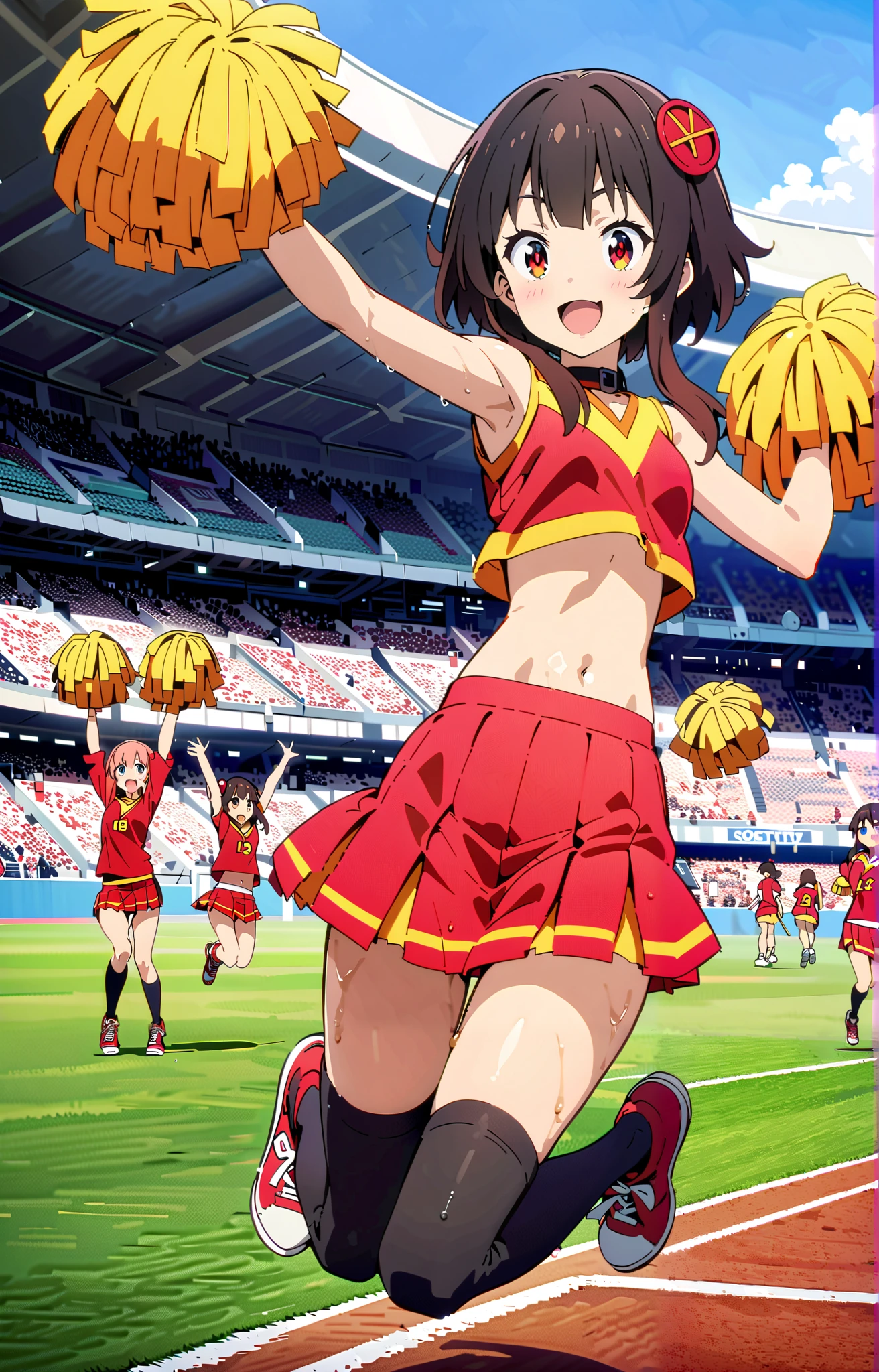 score_9, score_8_up, score_7_up, source_anime,
konosubaMegumin, Megumin, short hair, black hair, Red Eyes, short hair with long locks,smile,cover,opens her mouth,Black Thigh High Socks, (Cheerleading), (full body), on chest, (sweated), sweated Wet Clothes, (Red clothing),sleeveless, pleated skirt,sneakers, stomach button support , playground, (jump), (jump), 両足を曲げてjumpする, , blue sky, Compa, smile,cheerleader, Pom-pom \(Cheerleading\) real hair ornaments,audience,noon,full bodyがillustrationに入るように,break outdoors, Stadium,
break looking at viewer,full body,
break (masterpiece:1.2), top quality, high resolution, Unity 8k Wallpaper, (illustration:0.8), (beautiful detailed eyes:1.6), highly detailed face, so that it fits into the illustration, extremely detailed CG,full body写真, (perfect hand, perfect anatomy),