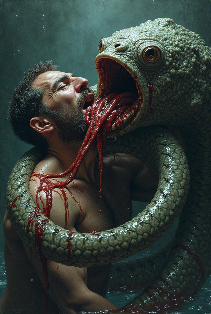 (extremadamente detallado, obra maestra, La mejor calidad), Estilo oscuro, intense illumination, rostro con arrugas, lengua larga, tentacle, deforme, monstruoso, interior de una piscina de agua verdosa, imagen submarina, alien con Colmillos finos, pico de pulpo amenazante. manchas de tinta. Rococo composition. Luz de caravaggio