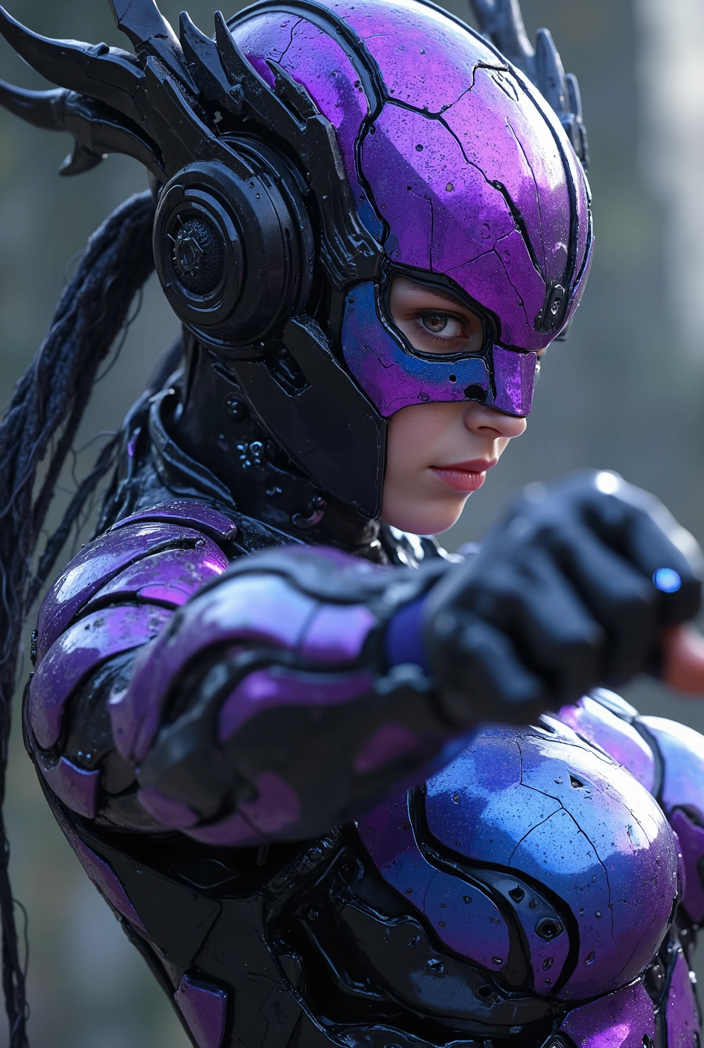 (Masterpiece:1.2), best quality, high resolution, Unity 8K Wallpaper, (super real illustration:1.0), Beautiful Details, very detailed on trends, perfect lighting, very detailed on trends CG,Shine eyes, backlit, armor, fake_horn, Shine, full_armor, warframe, stunning female humanoid_robot, (Martial arts fighting pose:1.5), horn, helmet, mask ,sample_background, arms, scary monsters, iridescent purple and shiny blue and matte black_armor, Audience,Alone, perspective, Anatomical accuracy, bold composition, cool fighting pose