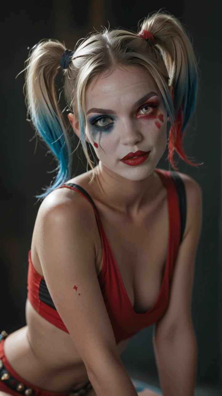 Harley quinn, angry, holding a hammer with blood