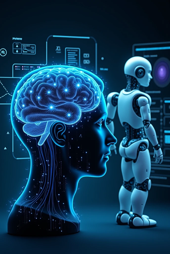 An image of a human brain and a robot side by side,(The brain is in the center of the image and the robots are observing it?