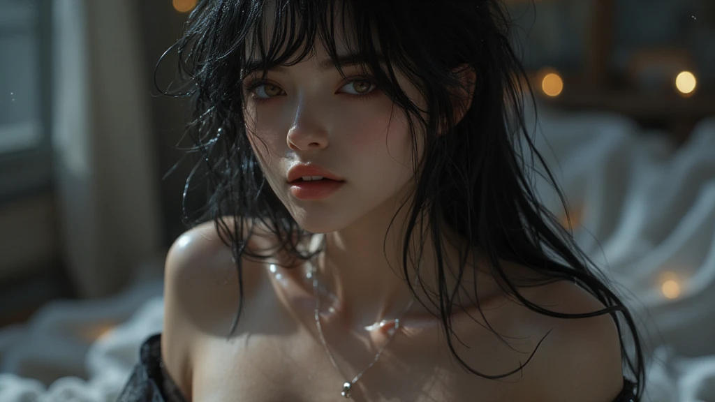 ((Girl in semi-transparent off-shoulder black miniskirt dress))、, (photo realistic:1.4), (hyper realistic:1.4), (realistic:1.3), (smoother lighting:1.05), (increase cinematic lighting quality:0.9),. 32K, 1girl,20yo girl, realistic lighting, backlight, light on face, ray trace, (brightening light:1. 2), (increase image quality:1.4), (highest quality realistic textured skin:1.4),(Big Blue Eyes), finely drawn eyes, finely drawn face, finely textured eyes, (tired, sleepy and satisfied:0.0), close-up of face, shirt with large cleavage visible, (enhance atmosphere of body lines:1.1), (beautiful textured skin:1.1),(Full Body Shot)、