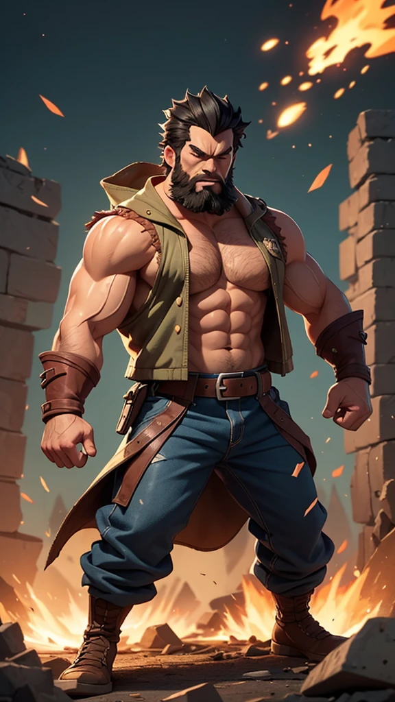 (Highest quality, 8K, 32k, masterpiece, Ultra-high resolution:1.2),detailed eyes,A fearless male archaeologist, sideburns, Shaving,The background is the ruins at night
