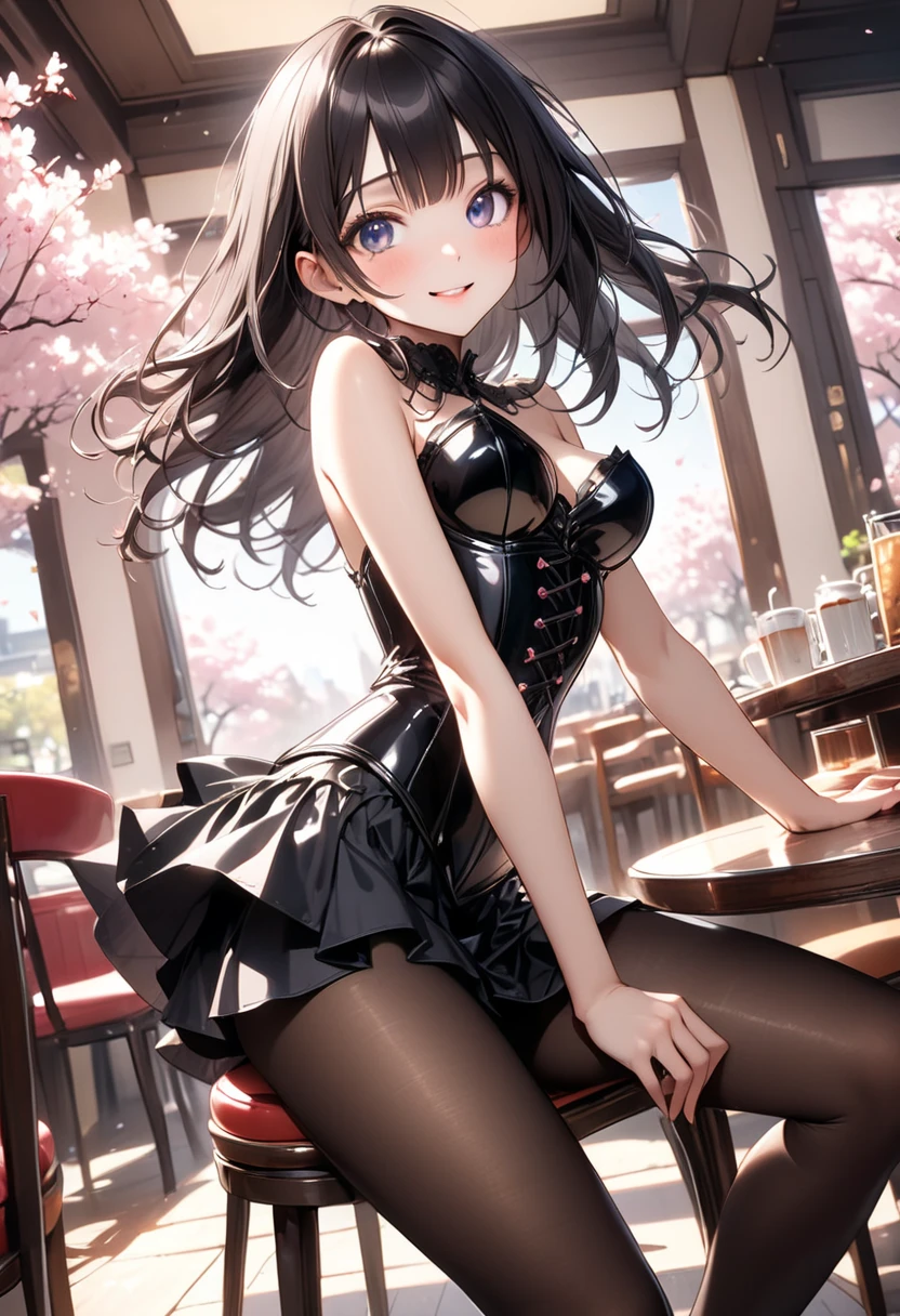 21 years old girl, wavy long hair, dark brown hair colour, blunt bangs, blue eyes(top-quality: 1.3)、(masterpiece: 1.3)、(The ultra-detailliert: 1.3)、(wall-, one girllack bra:1.3)、(Black Mini Flared Skirt:1.3)、(Brown pantyhose:1.3)、Red bow tie、(Brown hair:1.3)、Medium Hair、poneyTail、(Beautiful Large Breasts:1.3)、Luxurious living room、ssmile、sexypose、Luxurious sofa、Sit up、blushing