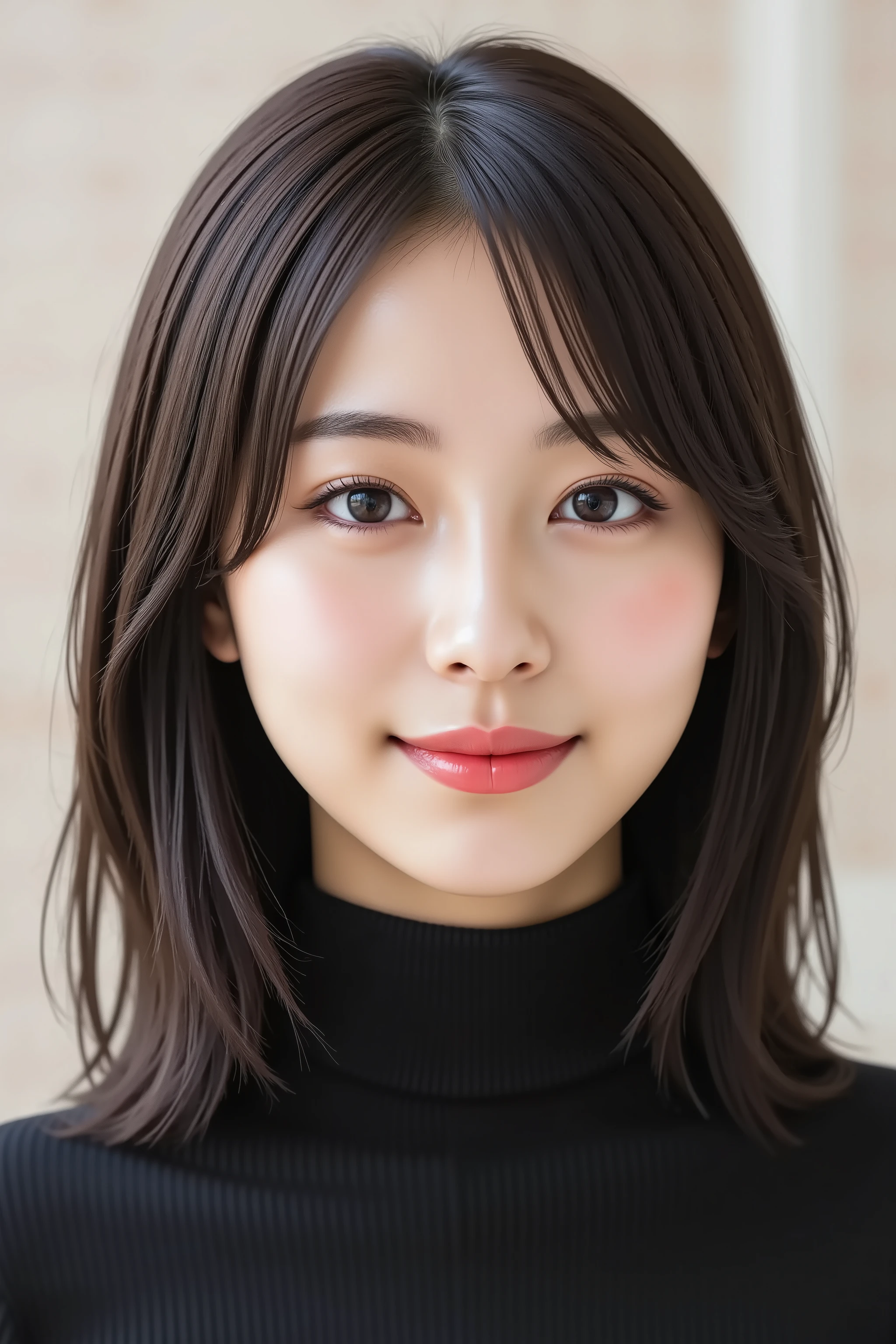 A highly detailed, ultra-realistic digital illustration of a beautiful young Asian woman, with her upper body fully visible and entirely included in the frame. She is gently smiling with softly blushed cheeks, clear luminous skin, and glossy pink lips. Her large, expressive eyes are captivating, enhanced by natural, elegant makeup, without prominent tear bags. Her long, smooth black hair is styled neatly with soft bangs. She wears a solid black high-neck, long-sleeve, ribbed slim-fit T-shirt, emphasizing her elegant neckline and slender figure. The minimalist and neutral-colored background highlights her natural beauty. The image quality is pristine, sharply detailed, and ideally suited as an 8K wallpaper.